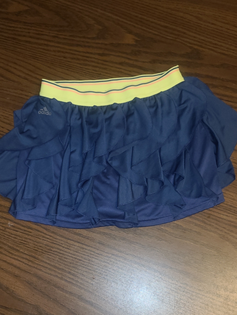 adidas Girls Navy Ruffle Tennis Skirt with Yellow Waistband Size Youth Large
